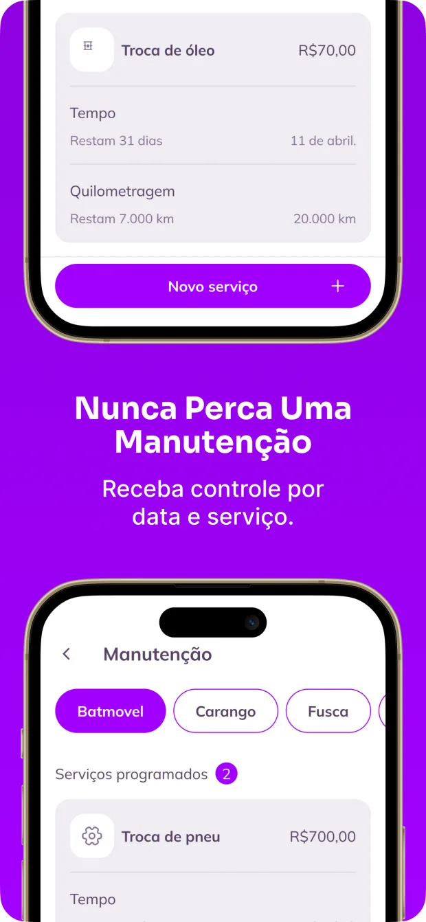 Tela de manutenção do Meu Carango com serviços programados